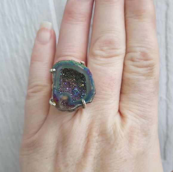 New Titanium Druzy 925 Silver Statement Ring. - Picture 2 of 8